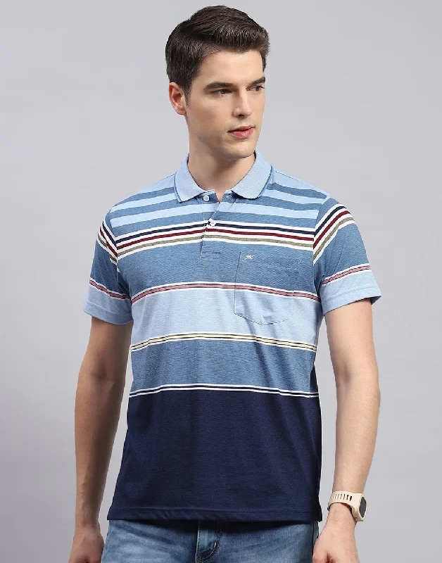 Men Blue Stripe Collar Neck Half Sleeve T-Shirt