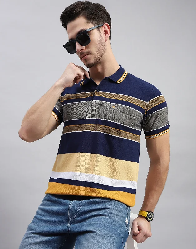 Men Navy Blue Stripe Polo Collar Half Sleeve T-Shirt