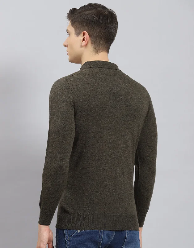Men Olive Solid Polo Collar Full Sleeve T-Shirt