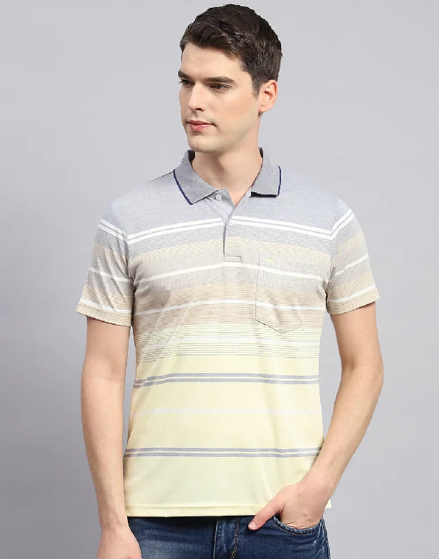Men Yellow Stripe Collar Neck Half Sleeve T-Shirt