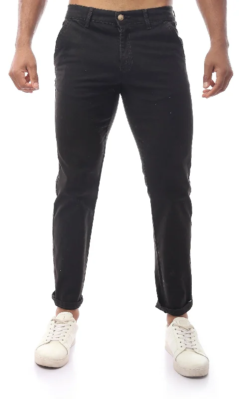 O171754 Cotton Fly Zipper Buttoned Black Solid Jeans